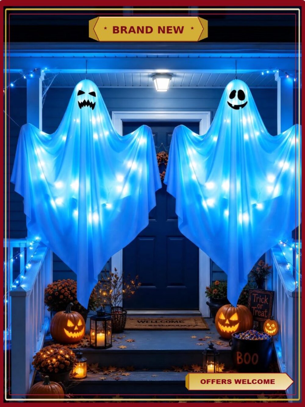 Halloween Ghost Decor 48in Light Up Hanging Ghost Blue LED Yard Garden Porch